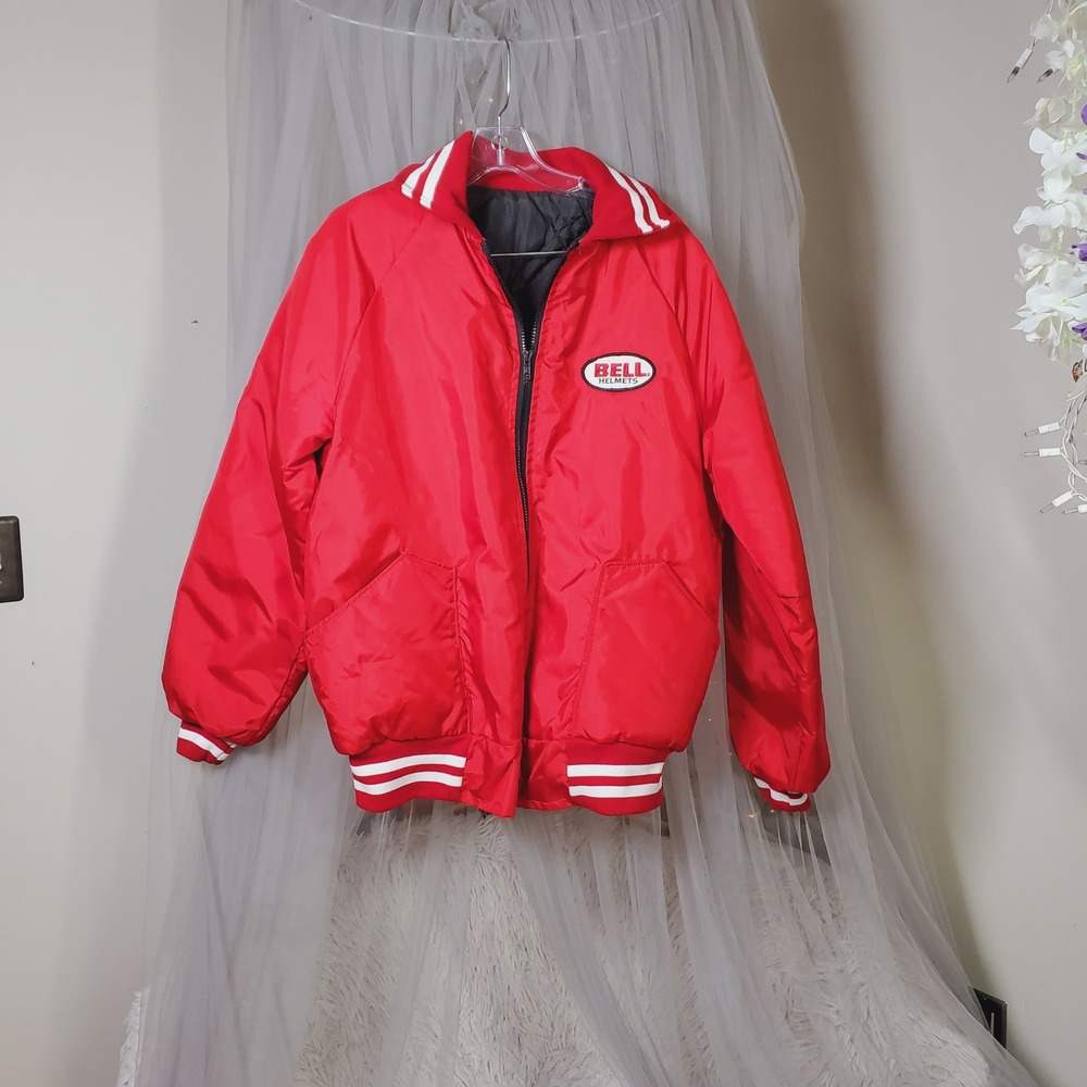 Vintage 80s Bell Helmets Racing Bomber Jacket Red Barnyard Basics Mens L Quilted